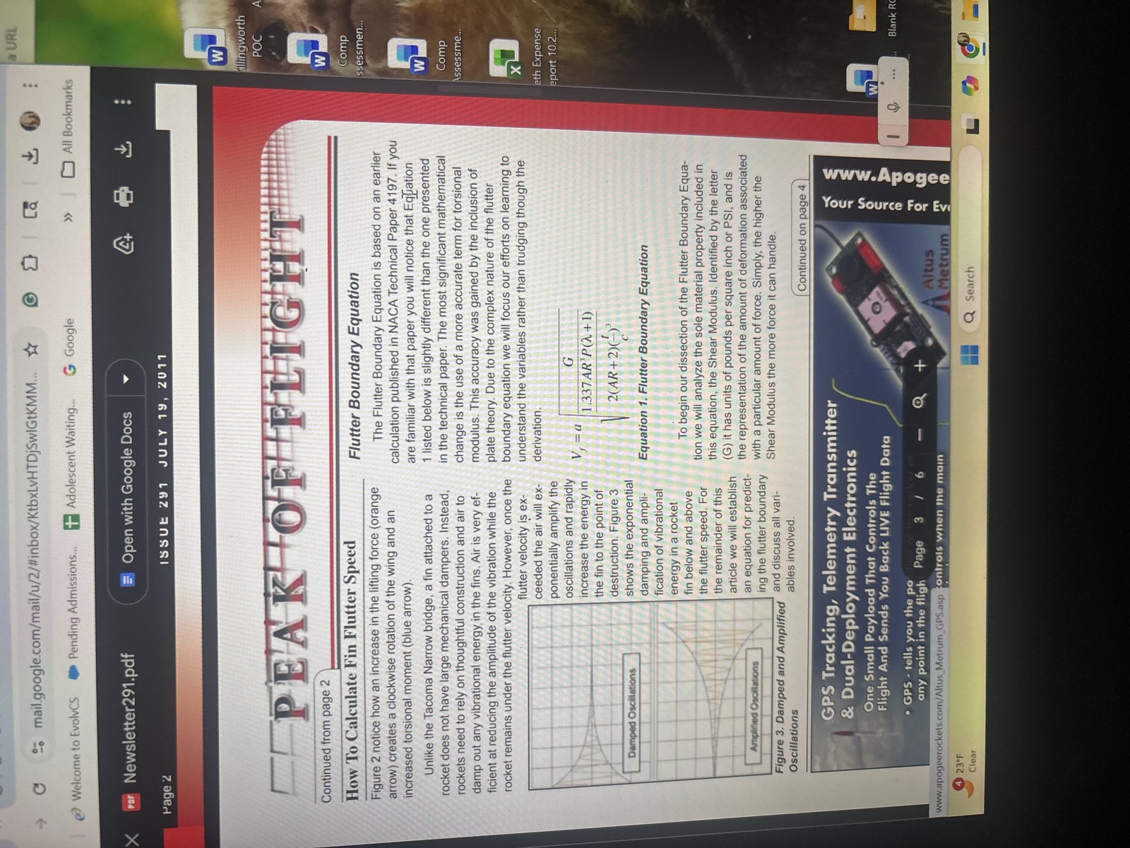 An article on how to calculate fin flutter speed, open on a laptop